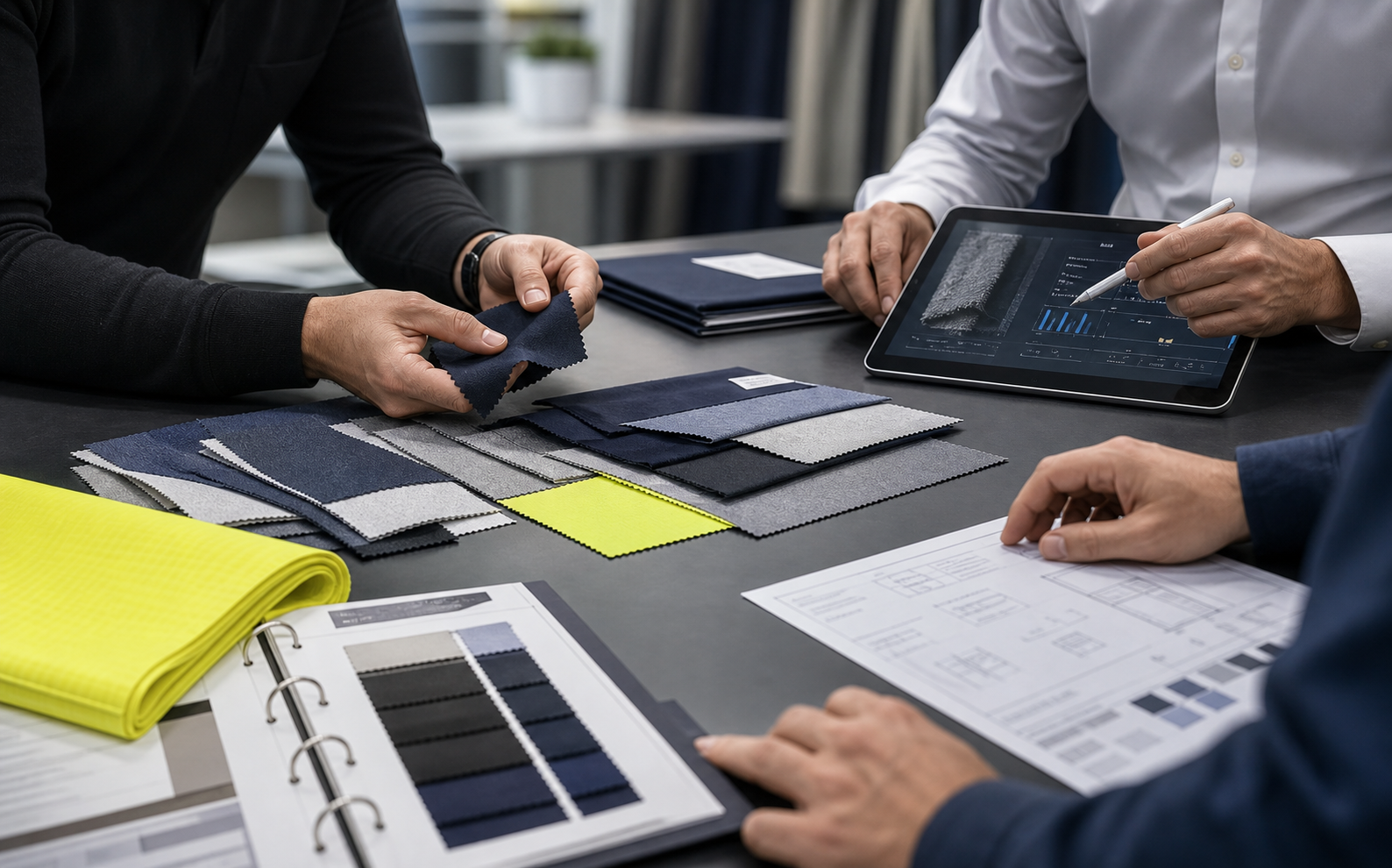 Professional textile team reviewing fabric samples